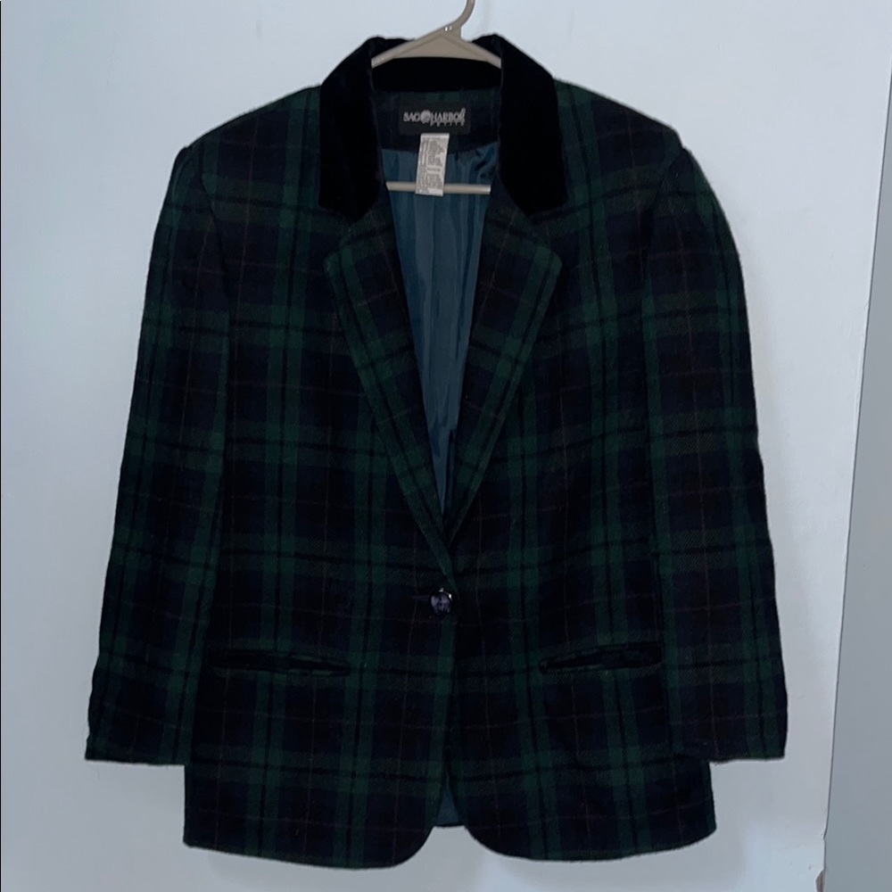 80's Style Black and Green Plaid Sag Harbor Petite Blazer‎ | Size 12